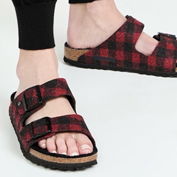 Birkenstock Arizona Shearling Red/Black Buffalo Plaid Slide Sandal Size L10/ M8 - Picture 1 of 16